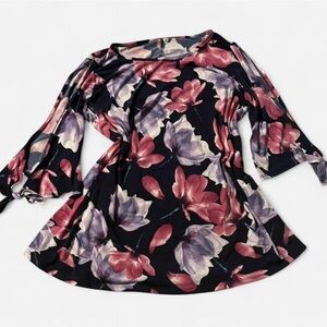 MTS Bold Floral Print Tunic, Open Arm with Wrist Tie Detail, Pink Purple, Sz L